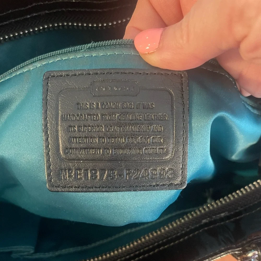Coach ladies black patent leather tote. Green lining. F24893.